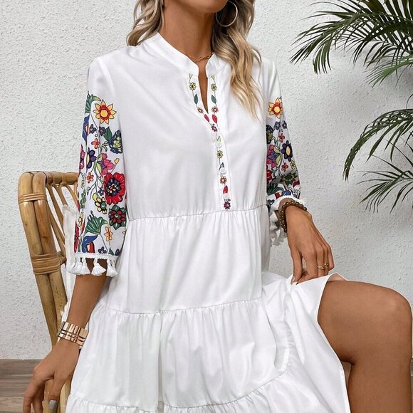White Boho Women's Floral Patchwork Print Notched Neckline Ruffle Hem Dress - Picture 6 of 7